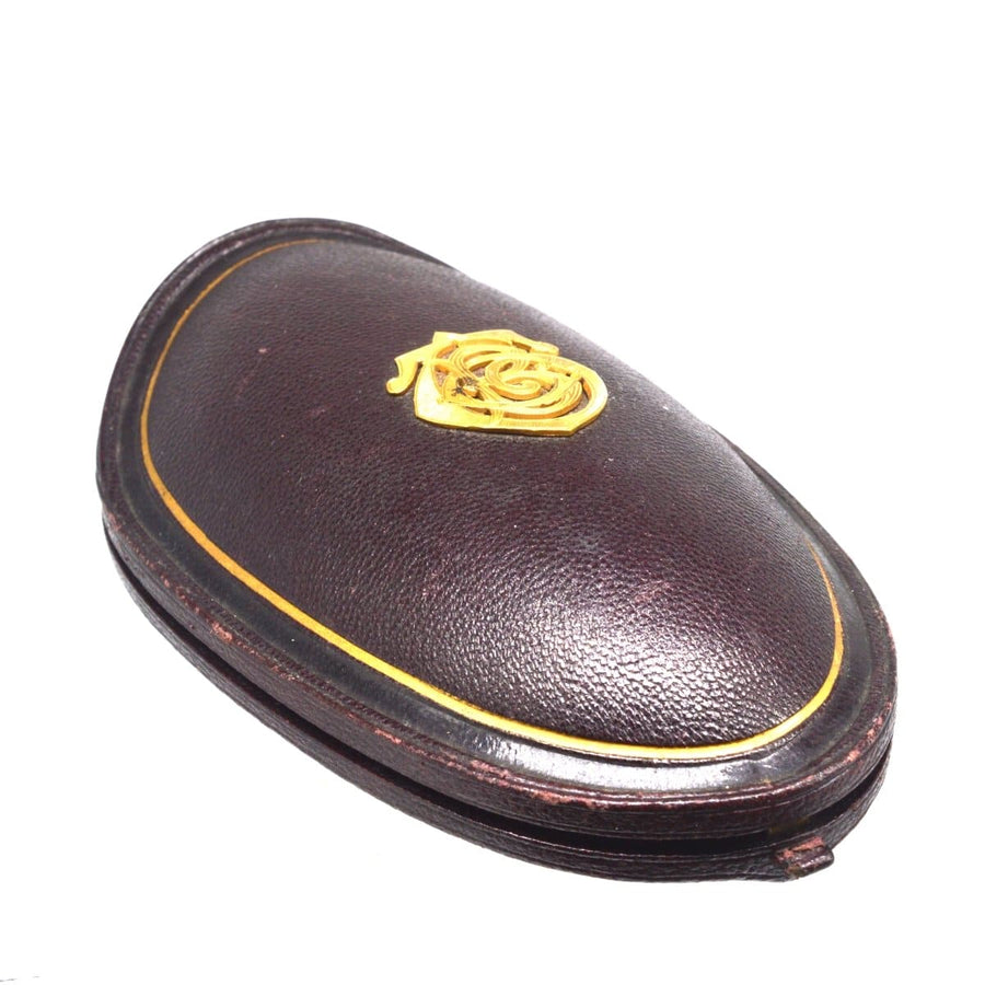 Antique oval locket box in leather with gold rose emblem, originally for Victorian 18ct gold & turquoise locket.
