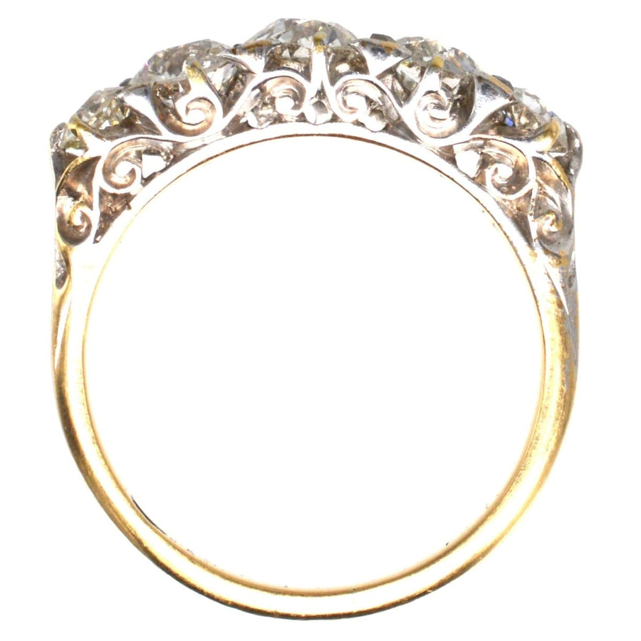 Victorian 2.2 Carat Five Stone Diamond Carved Half Hoop Ring showcasing intricate design and sparkling diamonds.