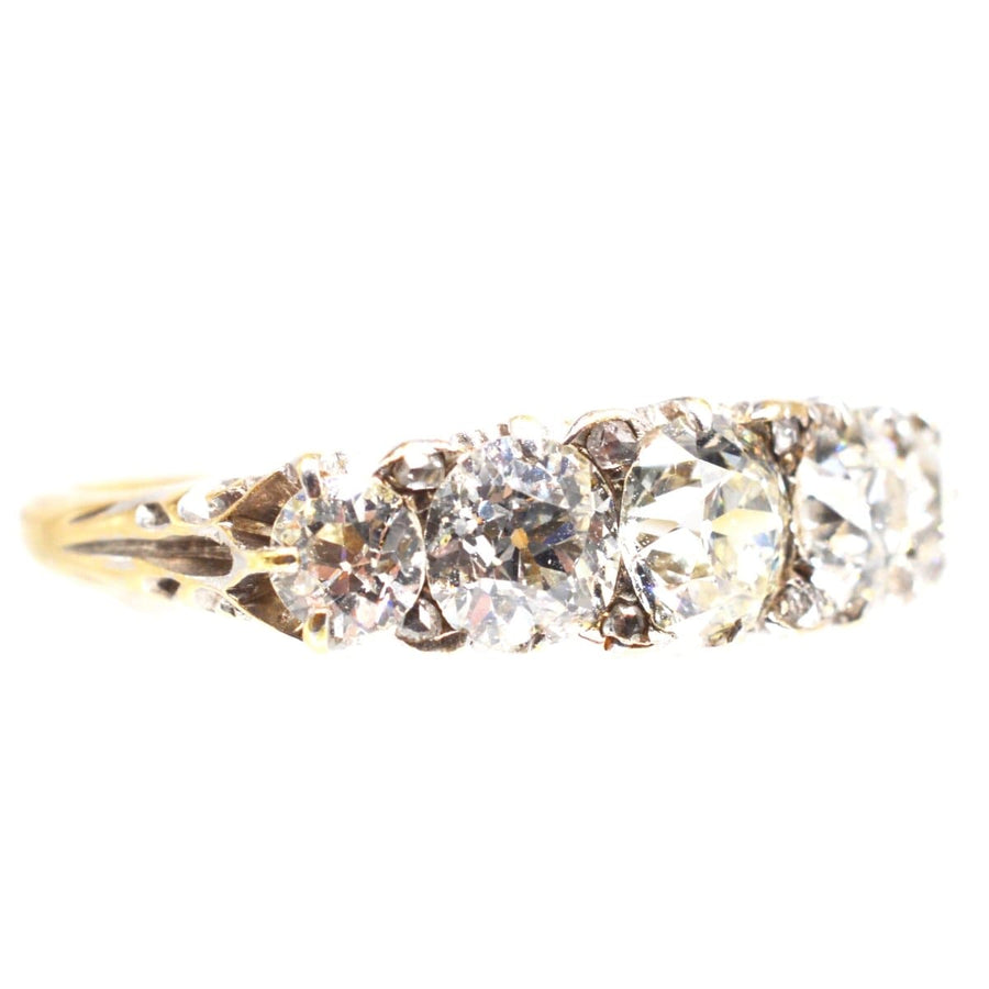 Victorian 2.2 Carat Five Stone Diamond Carved Half Hoop Ring with sparkling diamonds for engagement or jewelry collection.