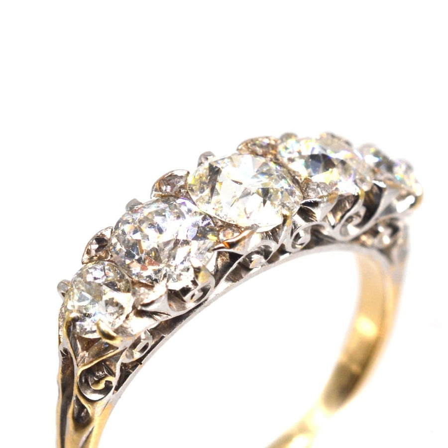 Victorian 2.2 carat five stone diamond carved half hoop ring with sparkling clear diamonds.