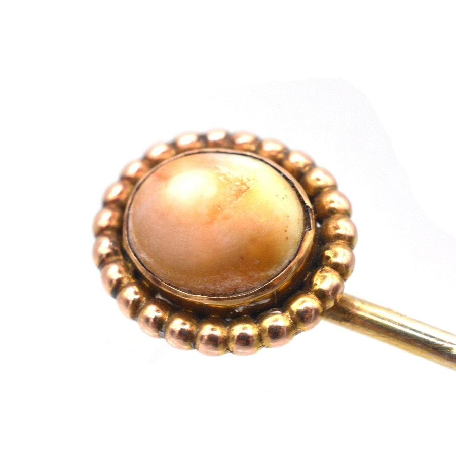 Victorian 9ct gold tie pin featuring a brown cat's eye shell in a decorative beaded setting.
