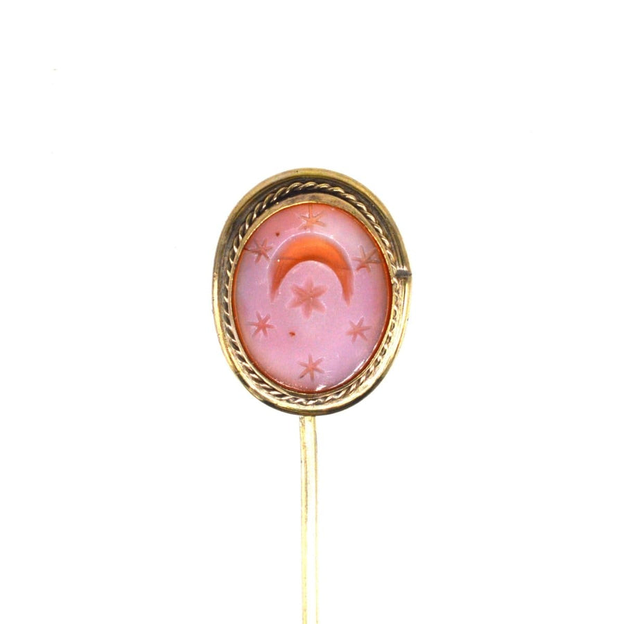 Victorian 9ct Gold Carnelian Tie Pin with Crescent Moon & Stars