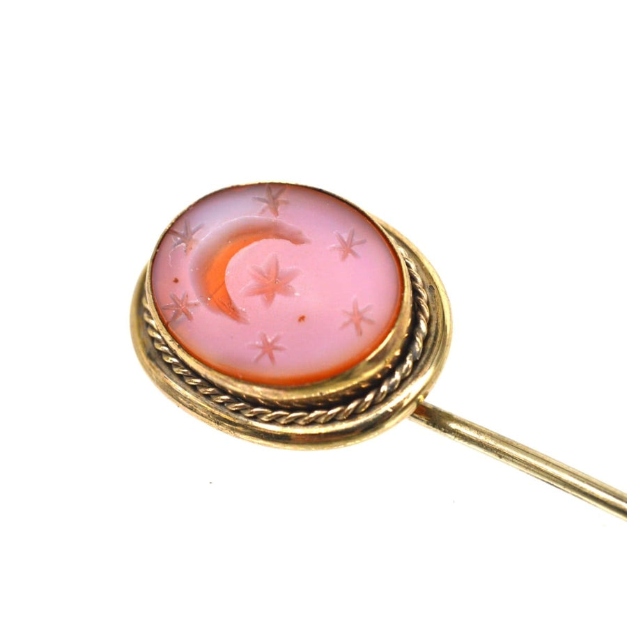 Victorian 9ct Gold Carnelian Tie Pin with Crescent Moon & Stars