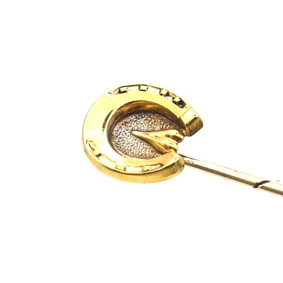 Victorian 9ct gold horseshoe tie pin symbolizing luck, ideal for a stylish silk tie.