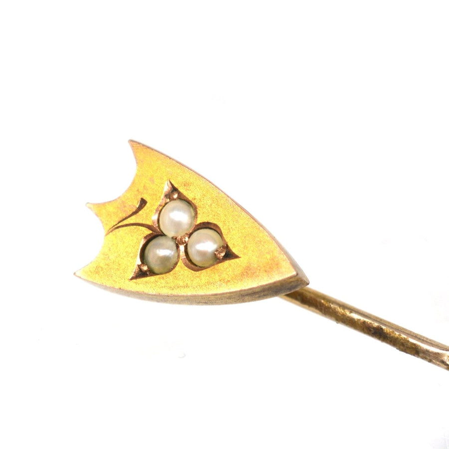 Victorian 9ct Gold Shield with Split Pearl Leaf Tie Pin | Parkin and Gerrish (UK)