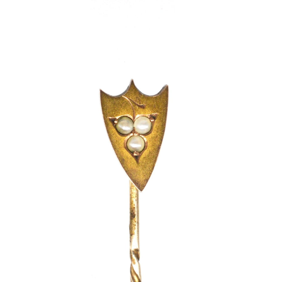 Victorian 9ct Gold Shield with Split Pearl Leaf Tie Pin | Parkin and Gerrish (UK)