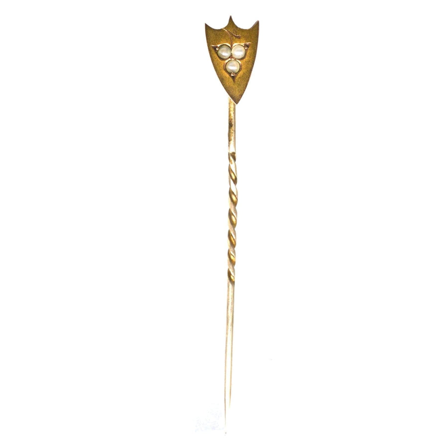 Victorian 9ct Gold Shield with Split Pearl Leaf Tie Pin | Parkin and Gerrish (UK)