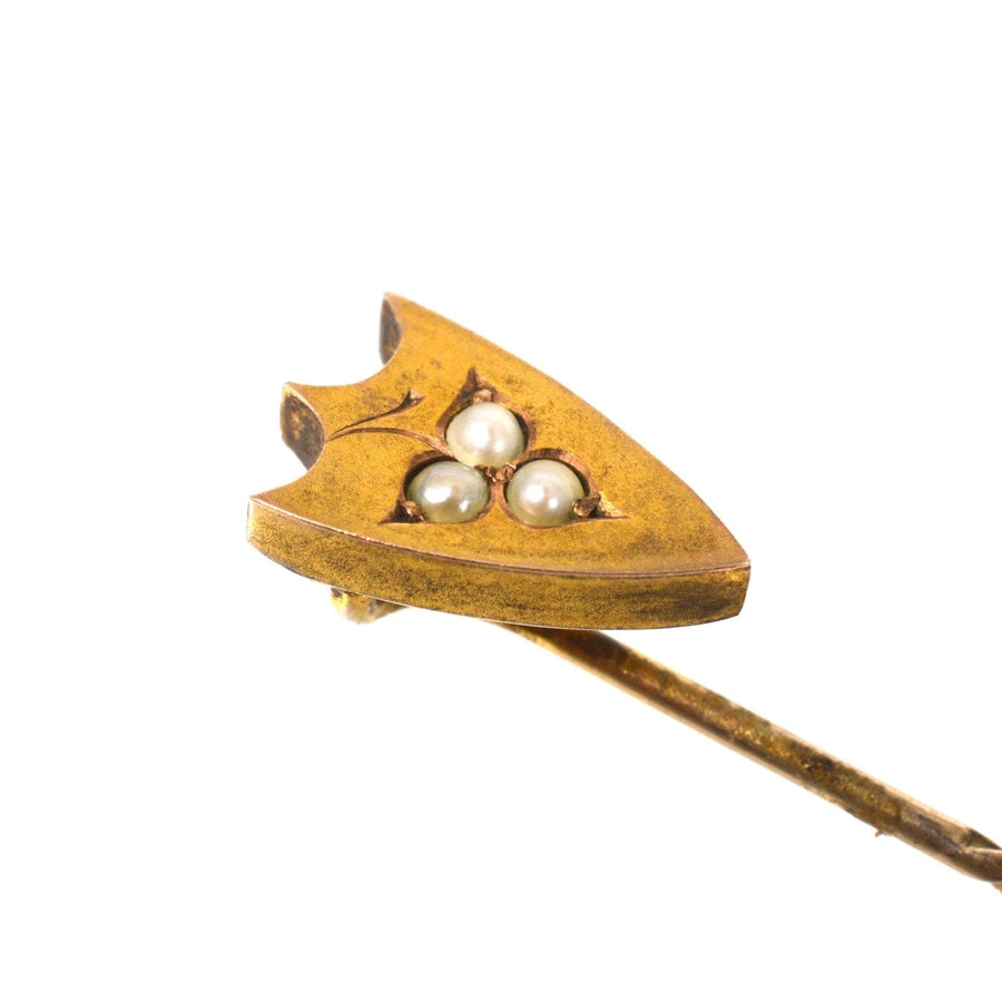 Victorian 9ct Gold Shield with Split Pearl Leaf Tie Pin | Parkin and Gerrish (UK)