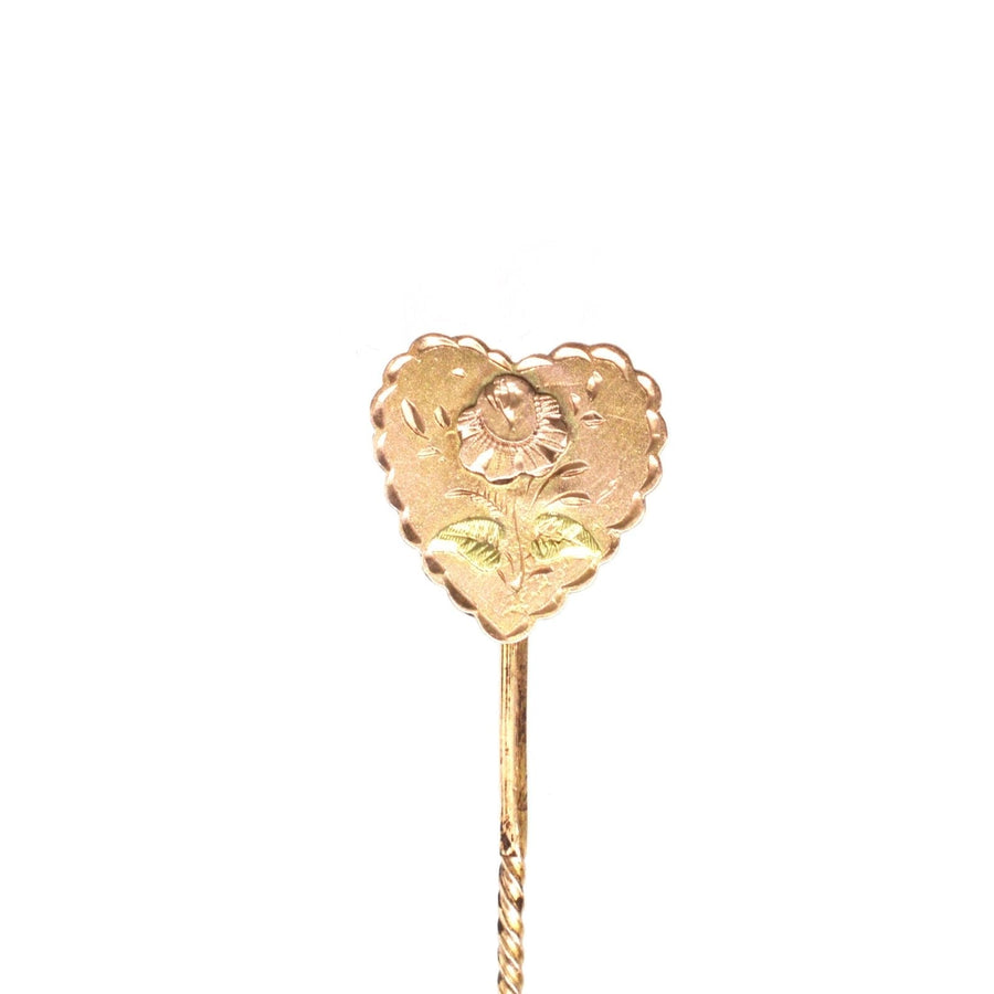 Victorian 9ct Gold Tie Pin Two Colour Gold Overlay Heart with Rose Motif