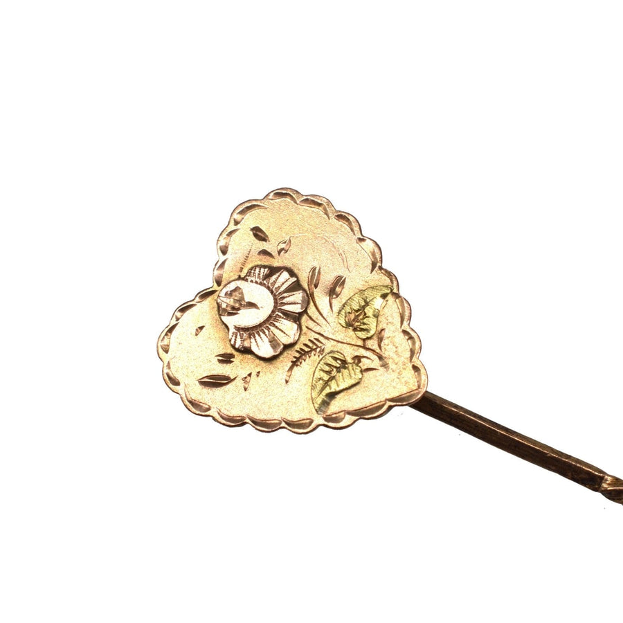 Victorian 9ct Gold Tie Pin Two Colour Gold Overlay Heart with Rose Motif