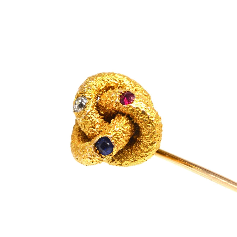 Victorian Large 15ct Gold Knot Tie Pin with a Sapphire, Diamond and a Ruby