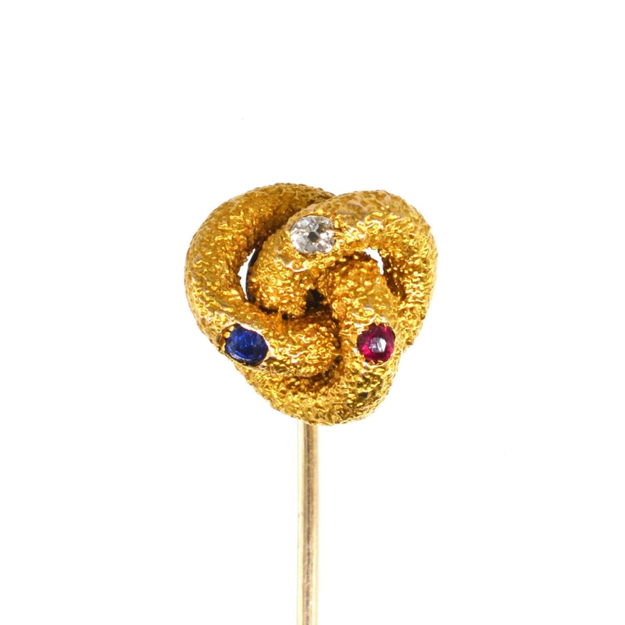 Victorian Large 15ct Gold Knot Tie Pin with a Sapphire, Diamond and a Ruby