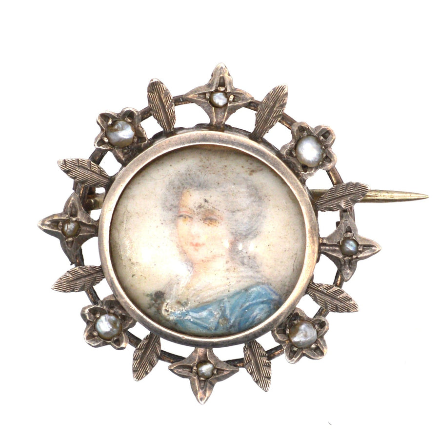 Victorian Neoclassicism Silver Gilt and Pearl Brooch with a Miniature Portrait of a Georgian Lady Brooch | Parkin and Gerrish (UK)