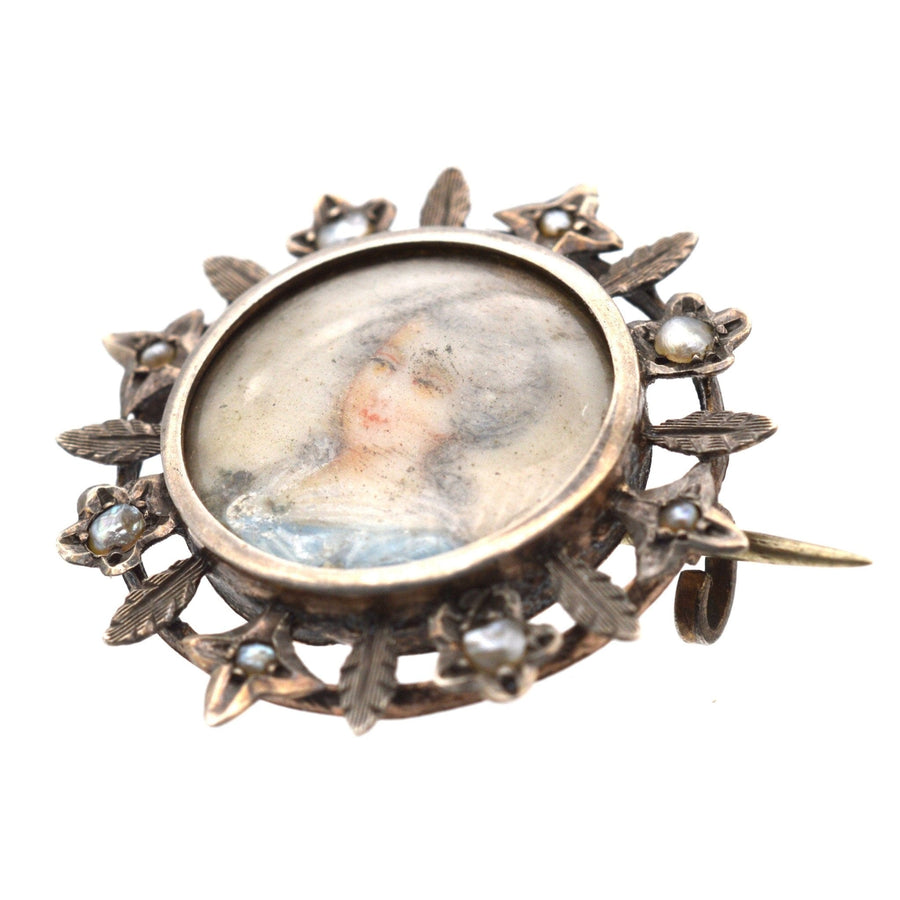 Victorian Neoclassicism Silver Gilt and Pearl Brooch with a Miniature Portrait of a Georgian Lady Brooch | Parkin and Gerrish (UK)