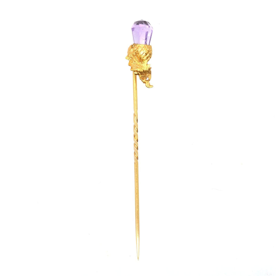 Victorian Scottish 18ct gold tie pin with briolette cut amethyst and thistle design, ideal for grooms or antique jewelry collectors.