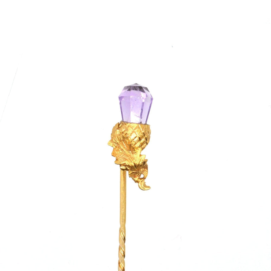 Victorian 18ct gold tie pin featuring amethyst thistle design, perfect for weddings or antique jewelry collections.
