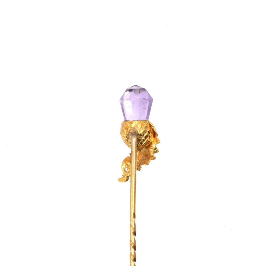Victorian 18ct gold tie pin featuring a briolette cut amethyst and intricate acorn and leaf design.