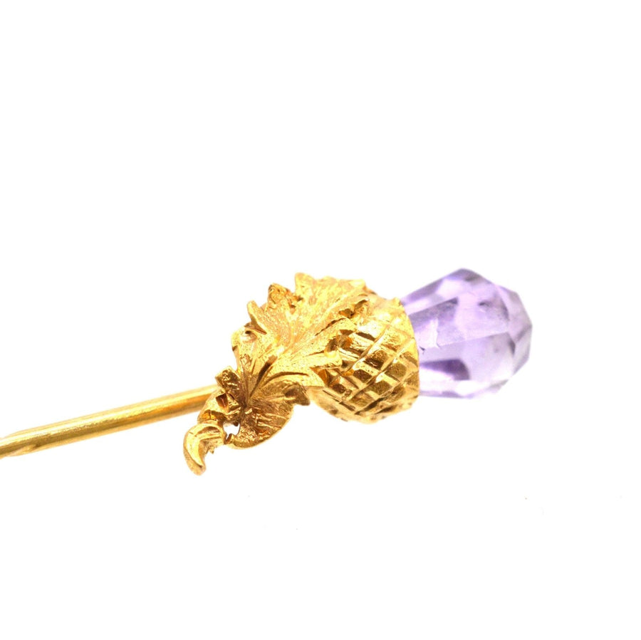 Victorian Scottish 18ct gold tie pin with briolette cut amethyst and leaf design, a unique accessory for antique collections.