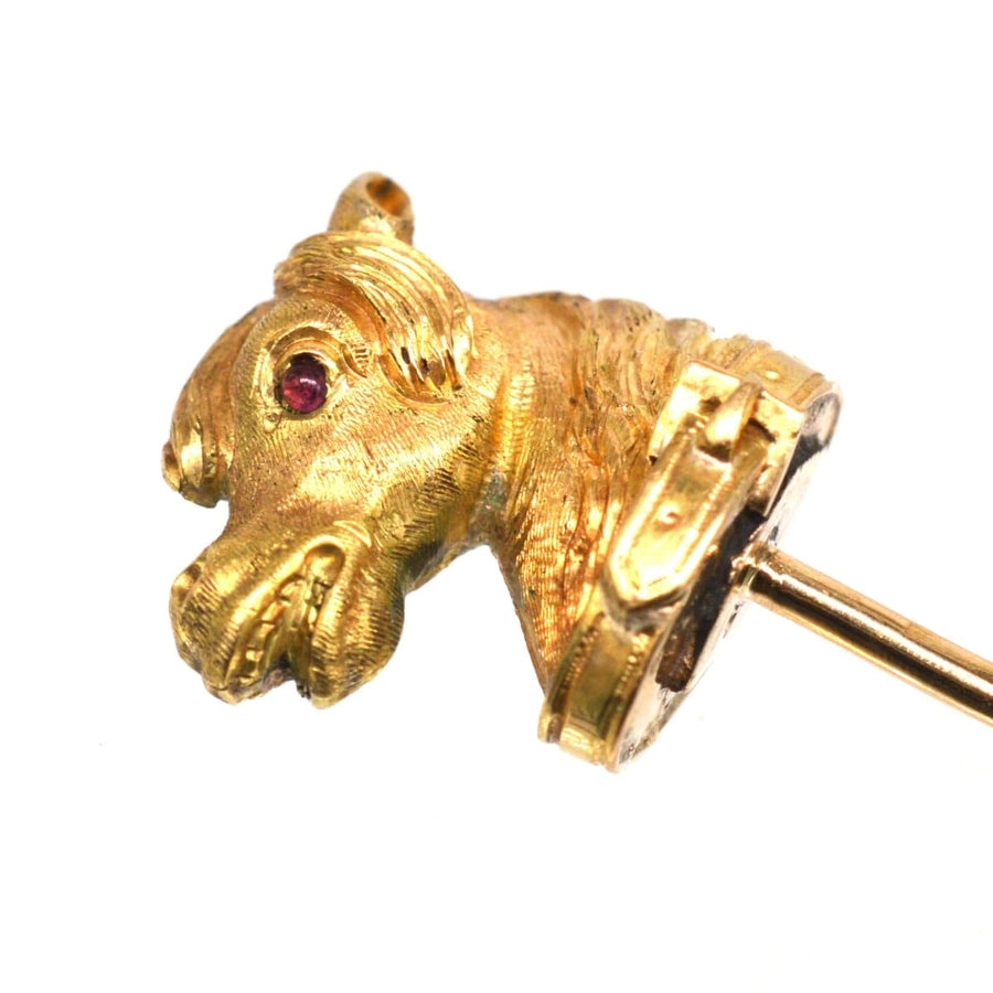 Victorian 18ct gold horse head tie pin with ruby eyes and garter belt detail, ideal for a silk tie.