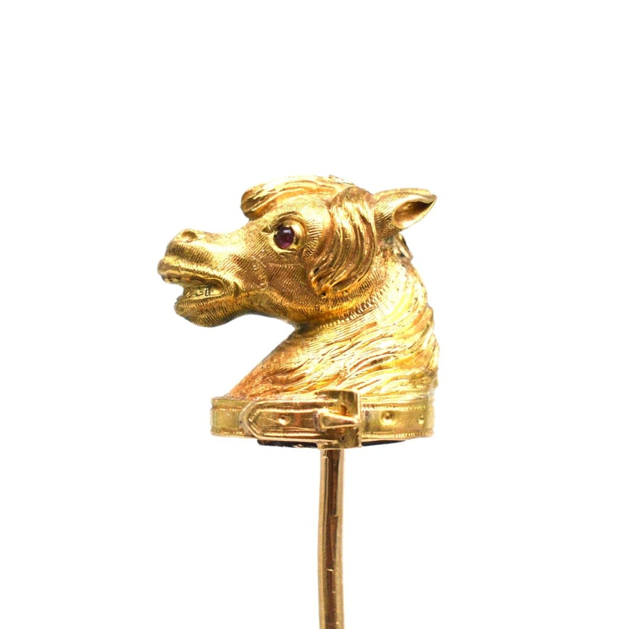 Victorian Scottish 18ct gold horse head tie pin with ruby eyes and garter belt design.