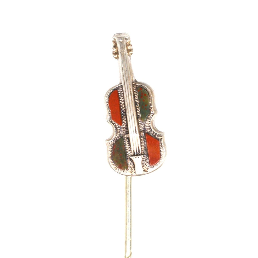 Victorian Scottish silver violin tie pin featuring bloodstone and jasper, a unique gift for a gentleman.