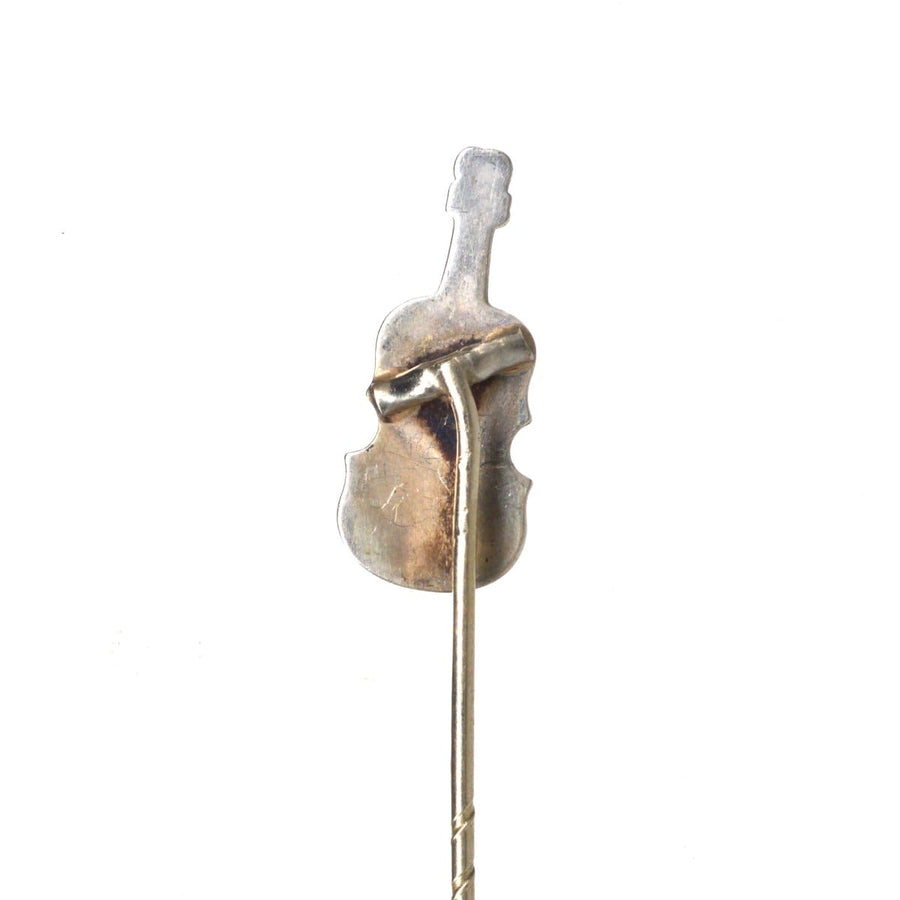 Victorian silver violin tie pin with bloodstone and jasper, crafted in Scotland, 1860-1880, ideal gift for Scottish gentlemen.