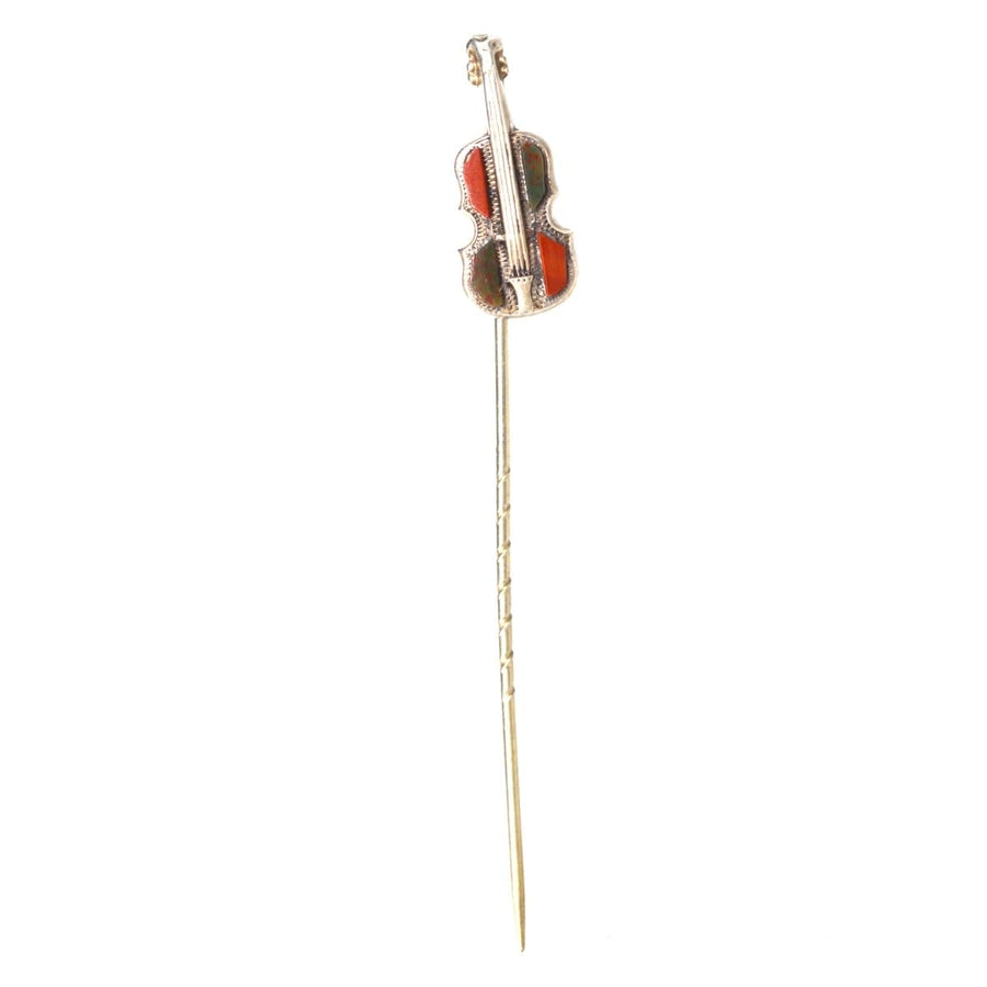 Victorian Scottish silver violin tie pin featuring bloodstone and jasper, perfect gift for a gentleman.