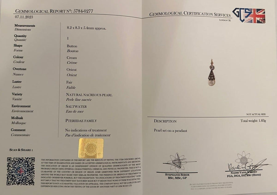 Victorian Silver Diamond and Certificated Natural Saltwater Pearl Pendant | Parkin and Gerrish (UK)