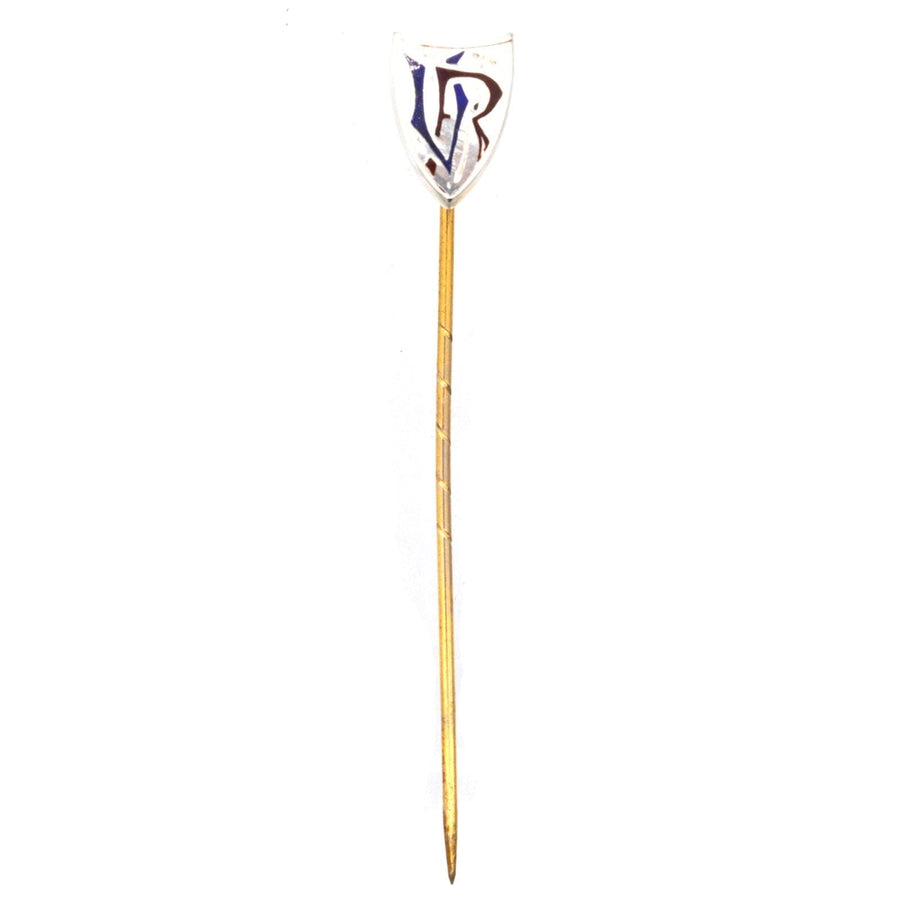 Victorian silver and enamel "Victoria Regina" (VR) shield tie pin, commemorating Queen Victoria's diamond jubilee, 1897.