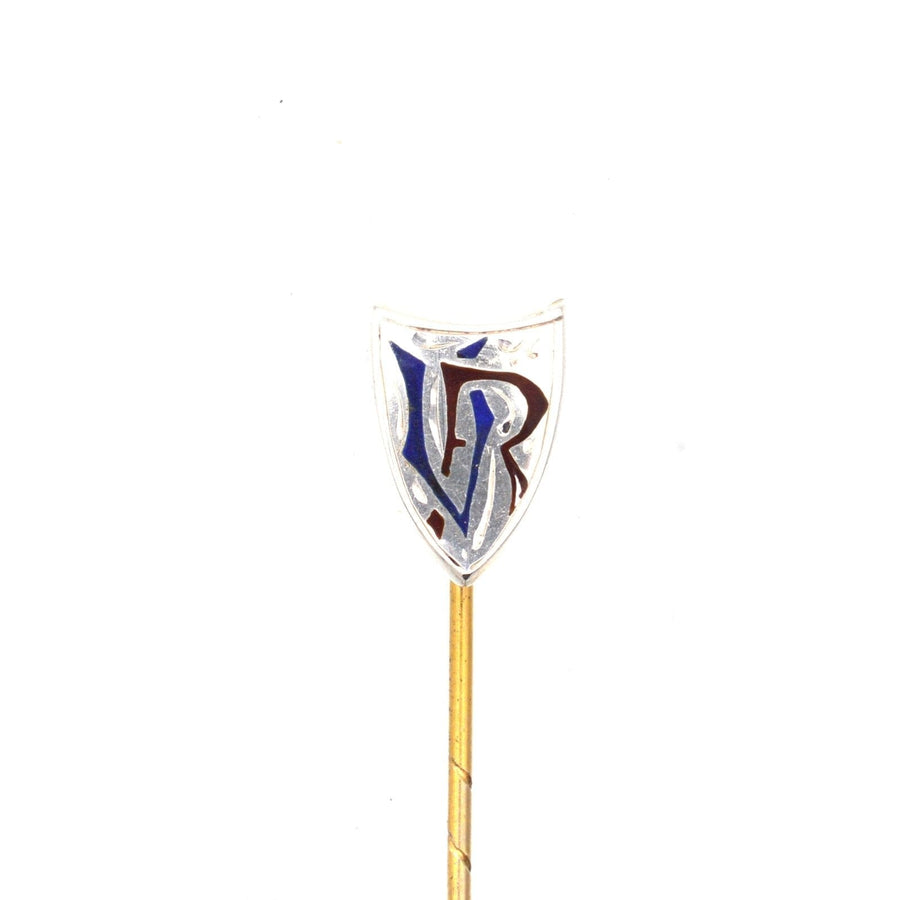 Victorian silver and enamel VR shield tie pin, commemorating Queen Victoria's diamond jubilee in 1897.