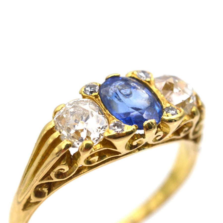 Victorian-Style 1960s 18ct Gold, Carved Half Hoop Three Stone Sapphire & Diamond Ring | Parkin and Gerrish | Antique & Vintage Jewellery