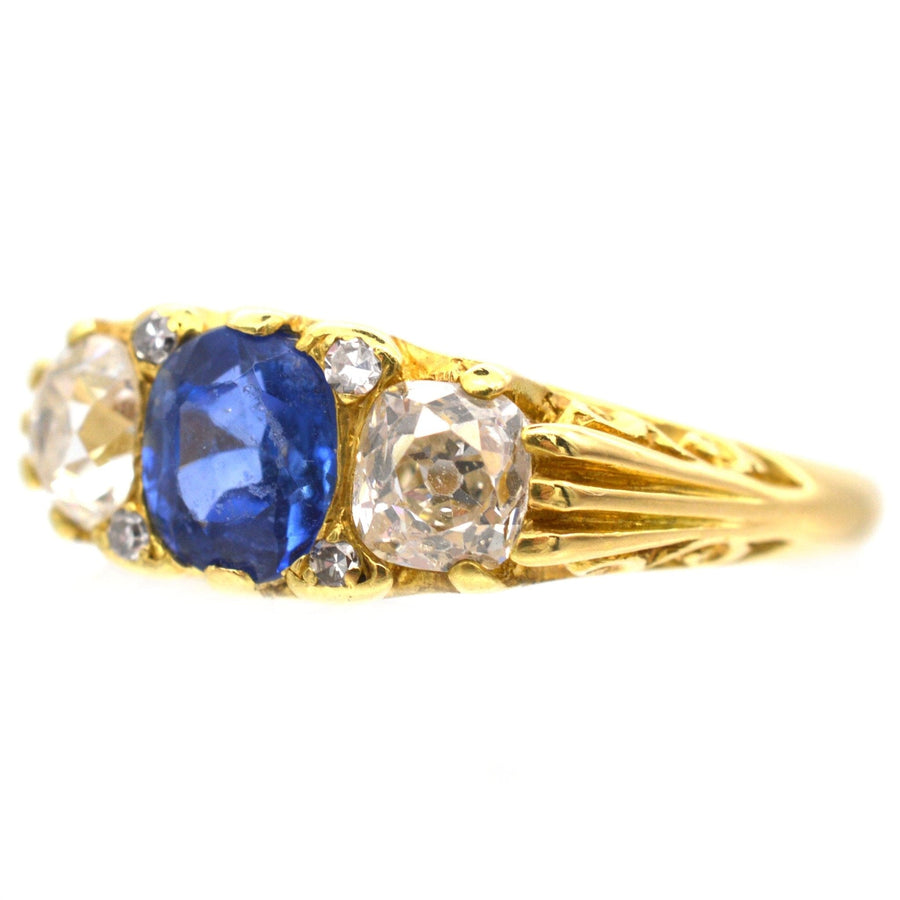 Victorian-Style 1960s 18ct Gold, Carved Half Hoop Three Stone Sapphire & Diamond Ring | Parkin and Gerrish | Antique & Vintage Jewellery