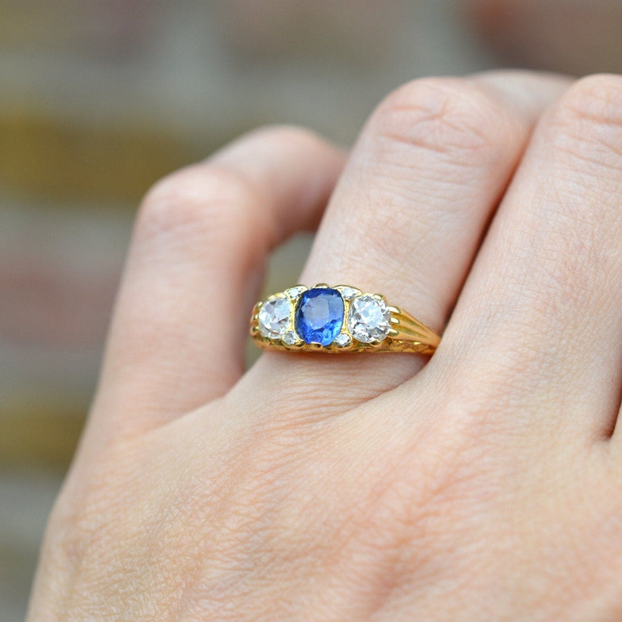 Victorian - Style 1960s 18ct Gold, Carved Half Hoop Three Stone Sapphire & Diamond Ring
