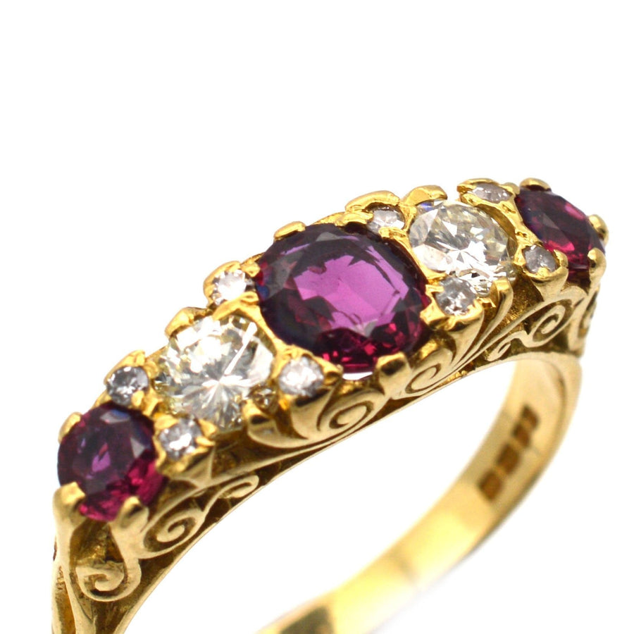 Victorian-Style 1970s 18ct Gold, Ruby Doublet & Diamond, Half Carved Hoop Ring | Parkin and Gerrish | Antique & Vintage Jewellery