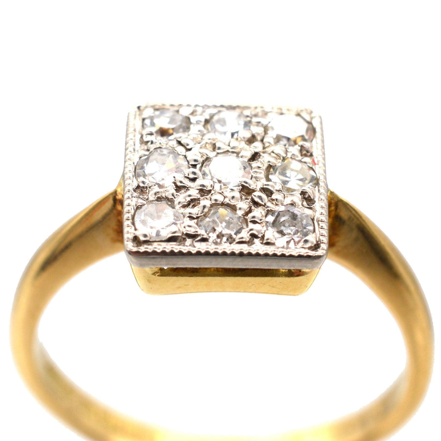 Vintage 18ct gold and platinum diamond square ring from 1975, featuring a unique diamond-filled square design.