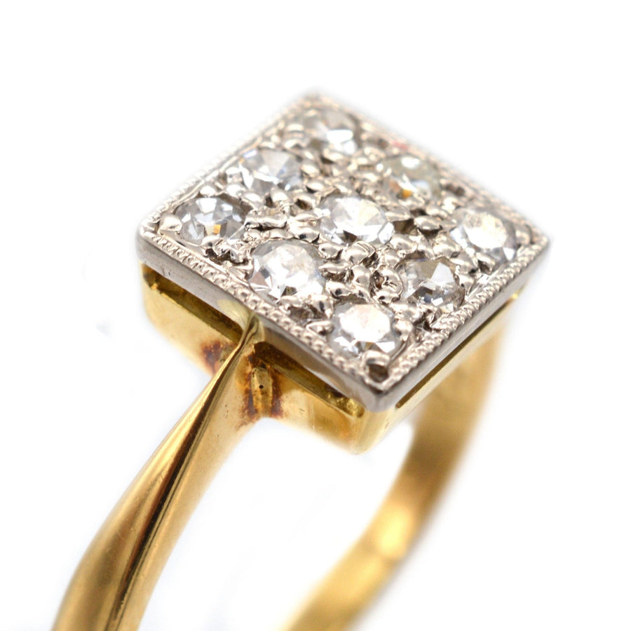 Vintage 18ct gold and platinum diamond square ring, featuring a unique diamond set design from 1975.