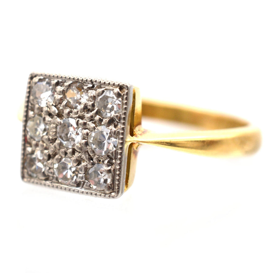 Vintage 18ct gold and platinum diamond square ring, featuring a quirky diamond arrangement from 1975, perfect for engagement.
