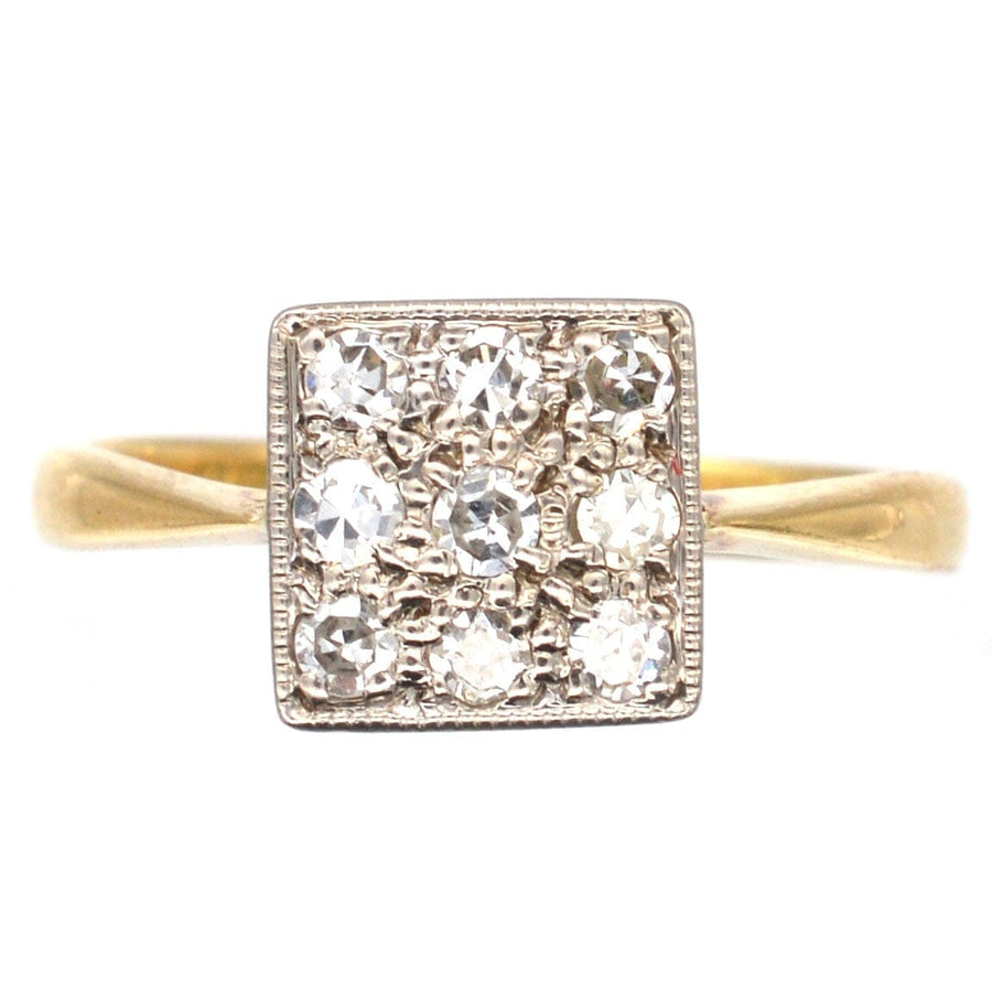 Vintage 18ct gold and platinum diamond square ring from 1975, featuring a diamond-filled square design.