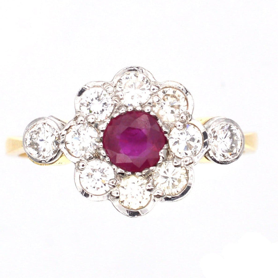 Vintage 18ct gold and platinum ruby and diamond cluster ring, non-heated ruby, elegant design, 1960s-1980s.