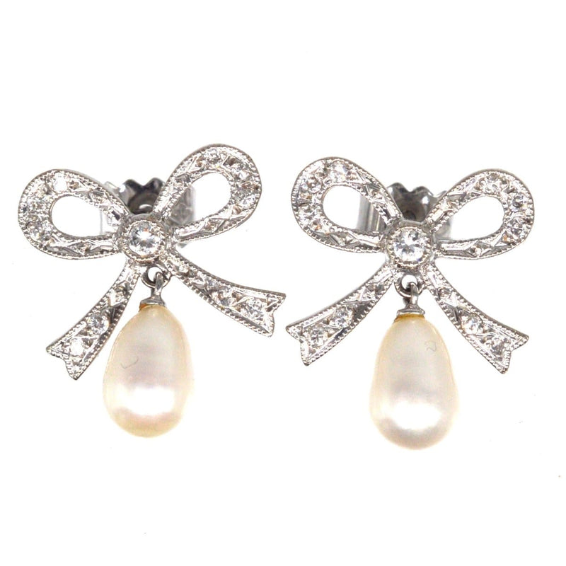 Vintage 18ct White Gold Diamond Bow and Cultured Pearl Drop Earrings