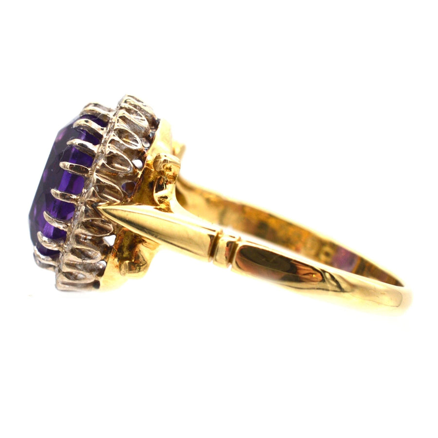 Vintage 1970s 18ct gold ring featuring a royal purple amethyst and diamond cluster, elegant and uniquely crafted.