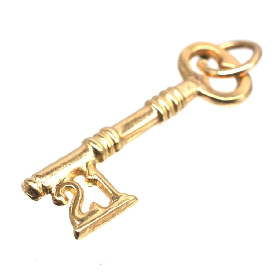 Vintage 1970s 9ct gold key charm pendant, featuring a '21' design, ideal for 21st birthdays or anniversaries.
