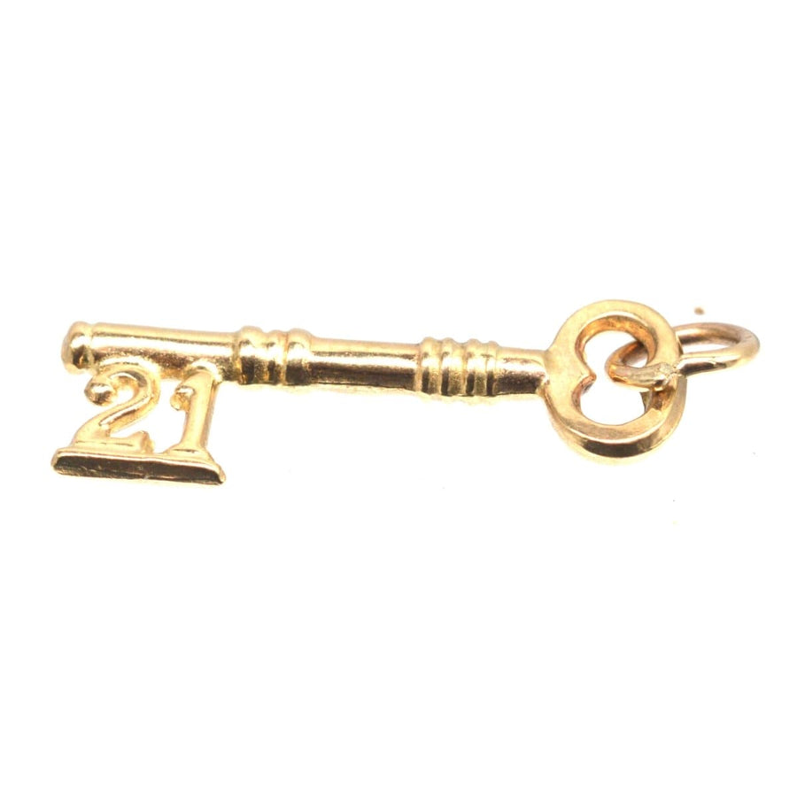 Vintage 1970s 9ct gold small key charm pendant featuring '21', perfect for a 21st birthday or special anniversary.