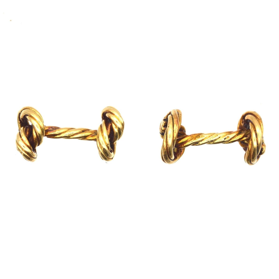 Vintage 1990s 18ct gold rope knot cufflinks inspired by Marine Knot design, elegant accessory for formal wear.