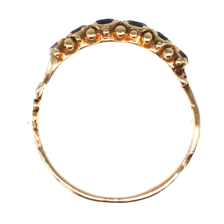 Vintage 9ct gold acrostic ring with vibrant stones spelling 'REGARD', made in 1974, perfect sentimental gift.