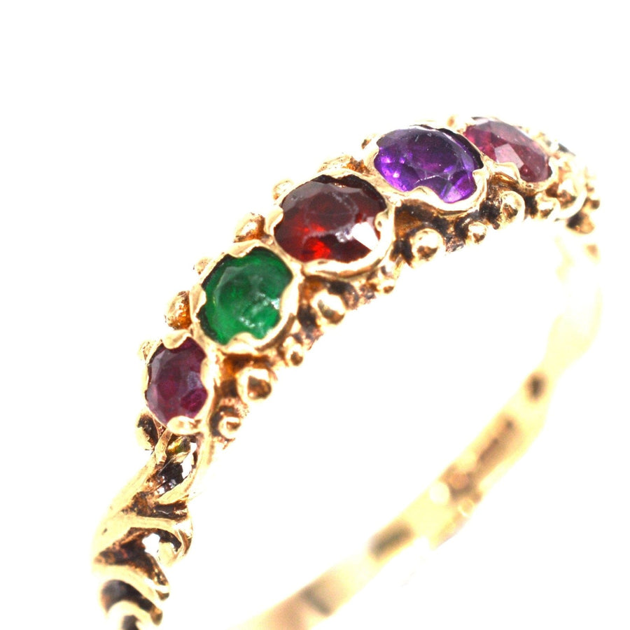 Vintage 9ct gold acrostic ring featuring Ruby, Emerald, Garnet, Amethyst spelling 'REGARD', made in 1974.