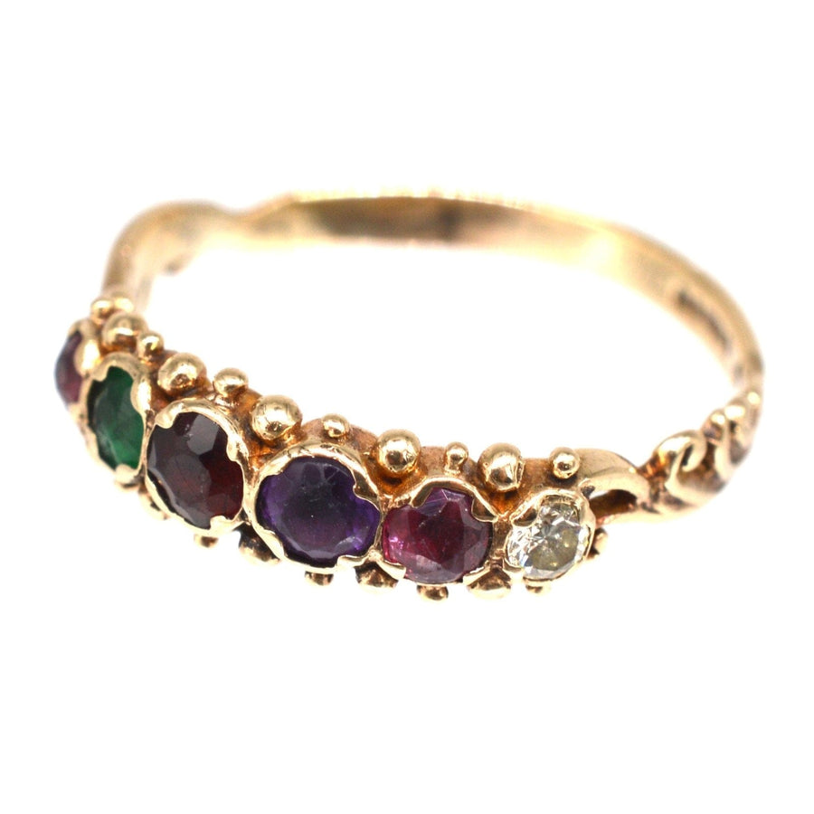 Vintage 9ct gold ring with vibrant Ruby, Emerald, Garnet, Amethyst, and Diamond spelling 'REGARD.'