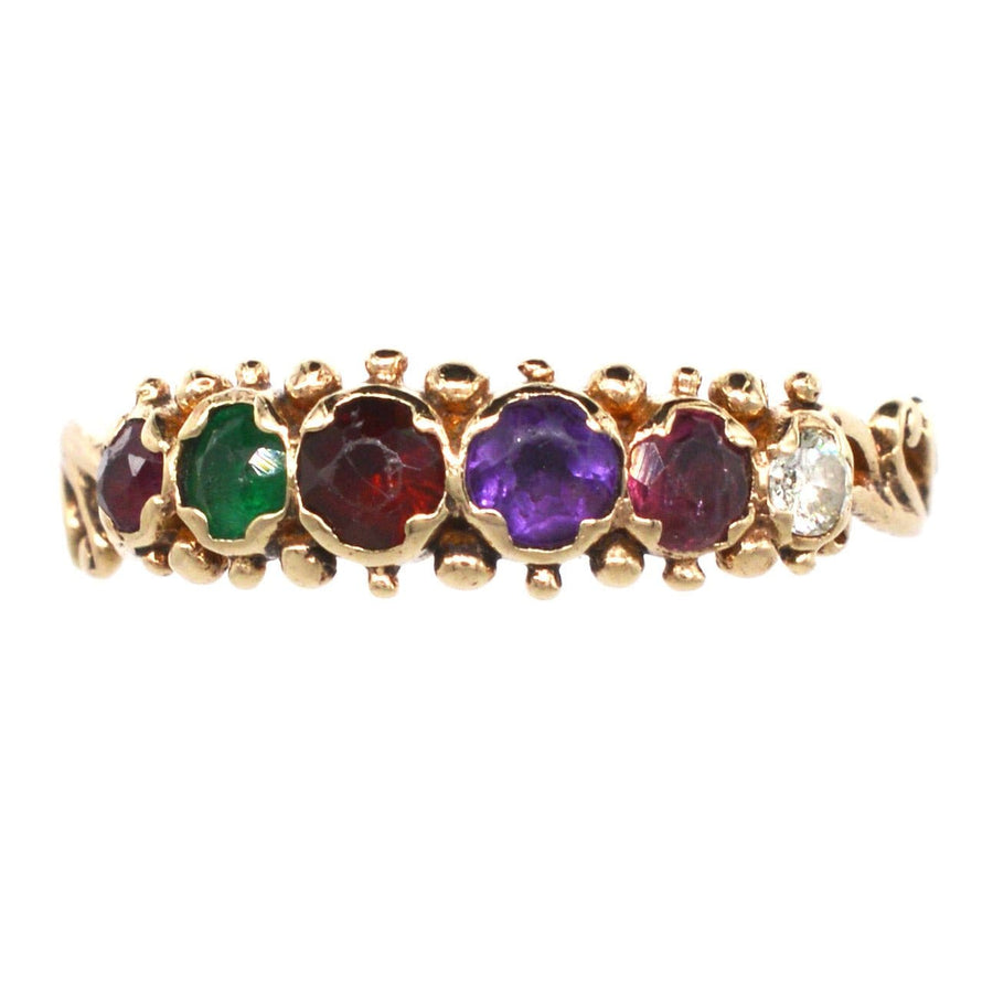 Vintage 9ct gold acrostic ring with Ruby, Emerald, Garnet, Amethyst, and Diamond spelling 'REGARD'.