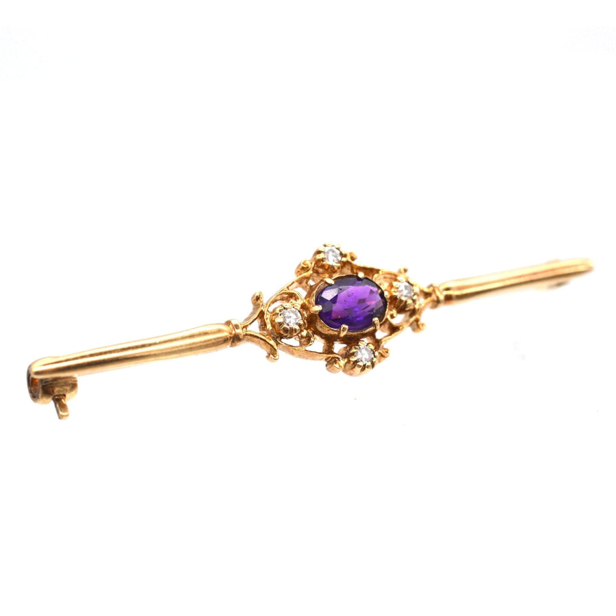 Vintage 9ct gold bar brooch featuring amethyst and diamond centerpiece, elegant accessory for collars and ties.