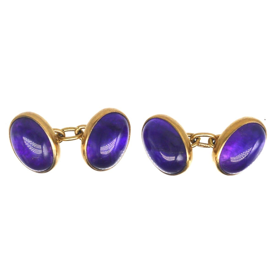 Vintage 9ct gold oval cufflinks with amethyst stones, assayed in London 1983, by Etienne Wilfred Verniquet.
